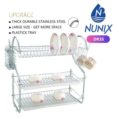Nunix Metallic 3 layer /Tier Dishrack - STAINLESS STEEL- Quality DR3S