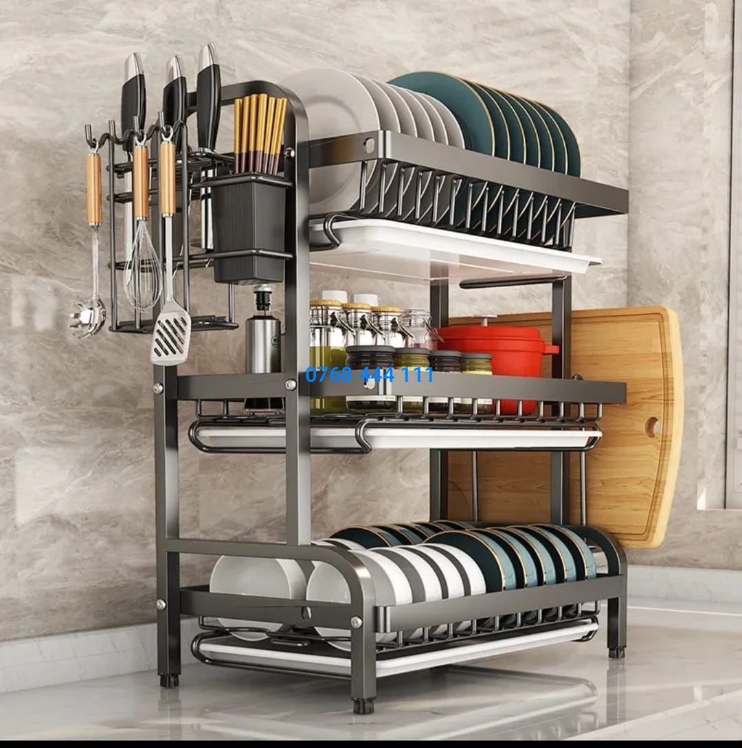 The Sky-High Kitchen Organizer: Heavy-Duty 3-Tier Carbon Steel Dish Drying Rack – Matte Black Edition