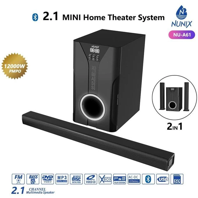 Nunix NU-A61 2.1 Mini Home Theater System Share this product - Sound Bar Mini System 2.1 Subwoofer